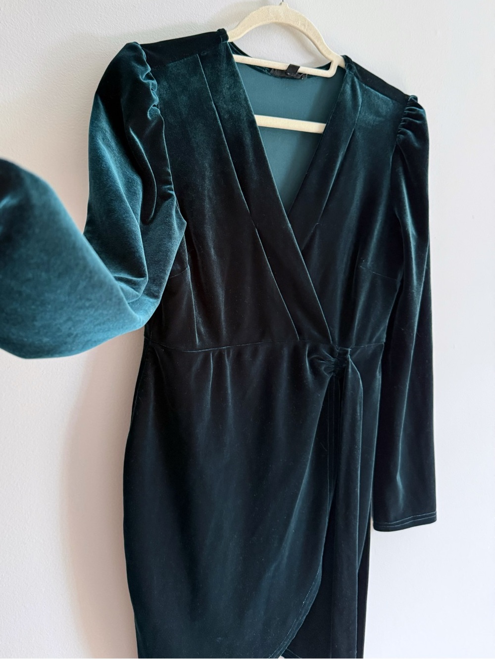 august silk Velvet Wrap Long Sleeve Dress in Teal